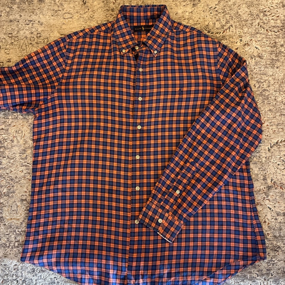 Ralph Lauren Shirt Mens Large Orange Blue Plaid Long Sleeve Button-Down Cotton